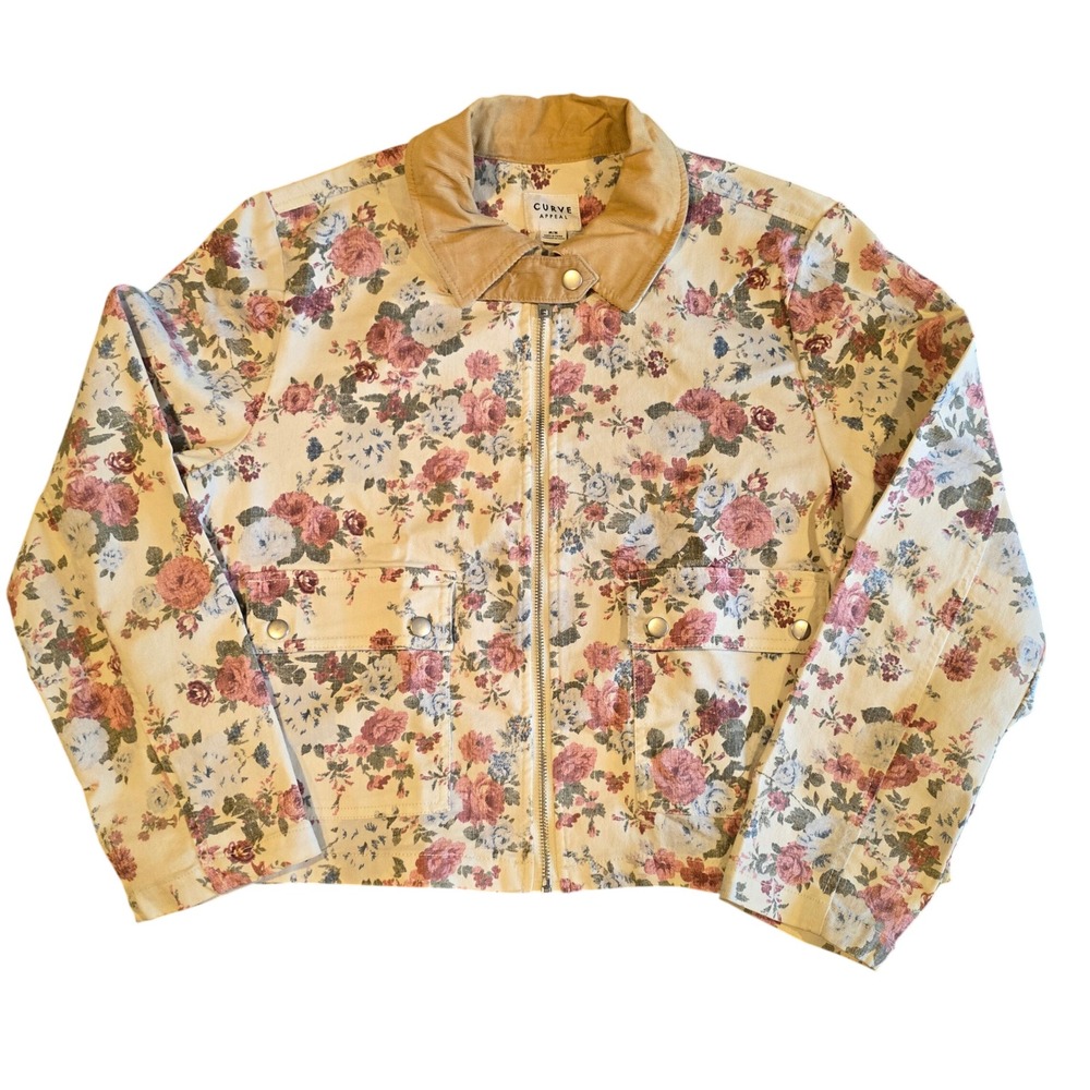 Curve Appeal Floral Denim Jacket Tan Corduroy Collar Pink Rose Print Medium